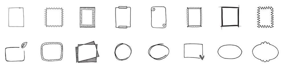 Set of hand drawn doodle frames, cute black and white sketch borders for design, simple vector illustration elements collection. vector illustration