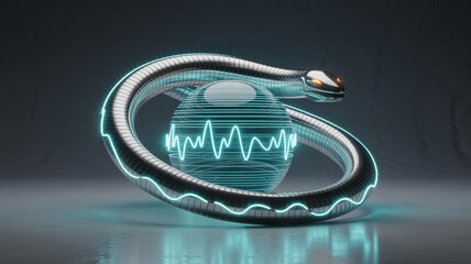Poster - Serpent's Enigmatic Energy: A mesmerizing digital art piece features a sleek metallic serpent coiled around a transparent sphere pulsating with vibrant energy.