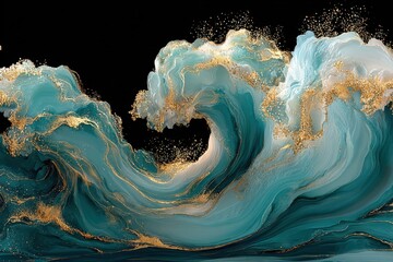 Poster - Abstract ocean wave with swirling motion in shades of blue and turquoise accented with gold details creating a dynamic and artistic design