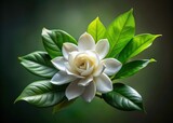 Elegant blooming gardenia flower with jasmine leaves on dark green background