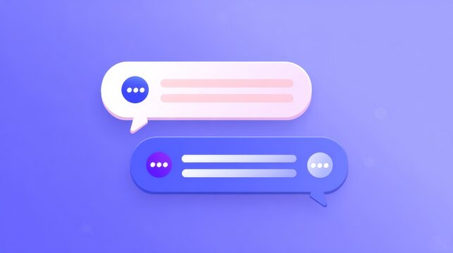 Minimalistic 3D chat bubbles with gradient purple background, featuring pale pinkish-white and blue designs, modern icons, and clean horizontal text lines.
