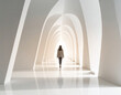 © rasolmar - A woman walks away down a luminous white hallway defined by a series of elegant arches. The scene evokes a sense of journey, modern architecture, and a bright future. Ideal for themes of progress, sol