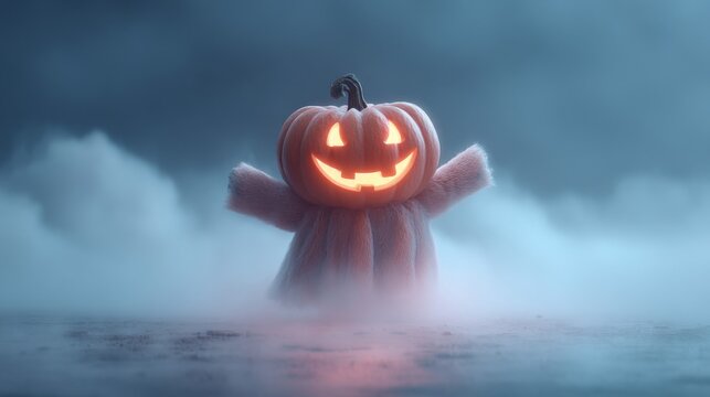 Frosty Jack-O'-Lantern in a Foggy Night Scene