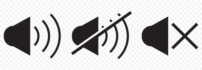 Aufkleber - An icon that increases and reduces the sound. Icon showing the mute. A set of sound icons with different signal levels in a flat style. Vector on Transparent Background. EPS 10.