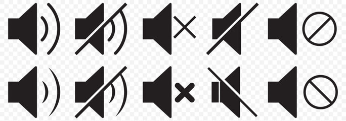 Aufkleber - An icon that increases and reduces the sound. Icon showing the mute. A set of sound icons with different signal levels in a flat style. Vector on Transparent Background. EPS 10.