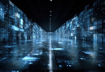 Aufkleber - Futuristic Digital Data Tunnel Corridor with High Tech Blue Lighting and Infinite LED Screen Walls for Technology and Data Visualization Concepts