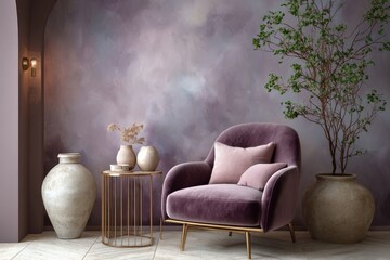 Fototapete - Elegant Modern Living Room Interior with Purple Armchair Beige Cushions Large Potted Tree and Decorative Vases on Wall Background
