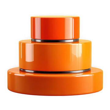 Three stacked orange cylinders with metallic trim isolated on transparent background