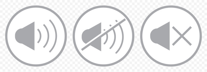 Aufkleber - An icon that increases and reduces the sound. A set of sound icons with different signal levels in a flat style. Icon showing the mute in Gray Color on Transparent Background. EPS 10.