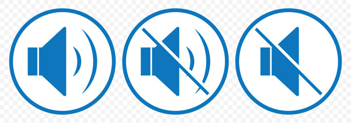 Aufkleber - speaker icon set. Blue noise icons symbol. sound level. silent signs. Volume symbol on Transparent Background. EPS 10.
