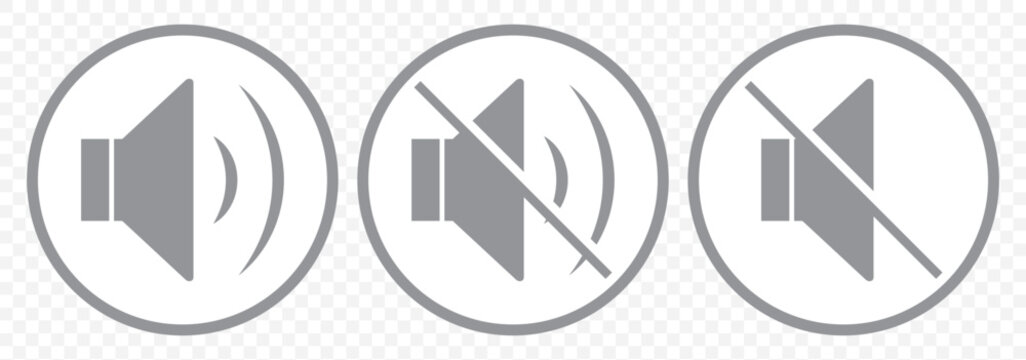 Volume Control icon set, Sound icon, mute icon, speaker icon, volume icon ,Vector Illustration In Gray Color  Loudspeaker and Silence Icons for Apps on Transparent Background. EPS 10.