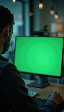 Person seated at a desk in front of a computer monitor with a green screen.