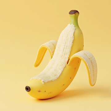 A realistically rendered banana, peeled and isolated on a vibrant yellow background