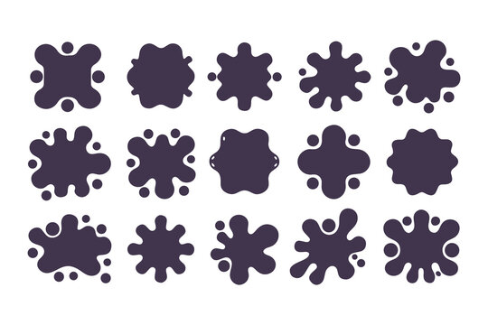 Collection of abstract black ink splatter shapes on white background, perfect for graphic design, labels, and decorative elements.