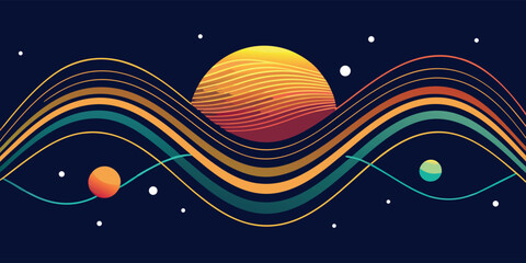 Fototapete - Colorful abstract landscape featuring a sun and planets, creating a vibrant cosmic atmosphere