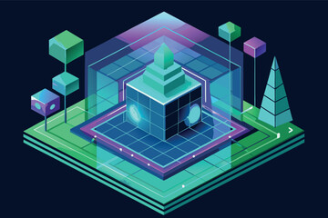 Poster - Digital landscape of a futuristic geometric structure surrounded by trees and cubes in a cyber-inspired setting
