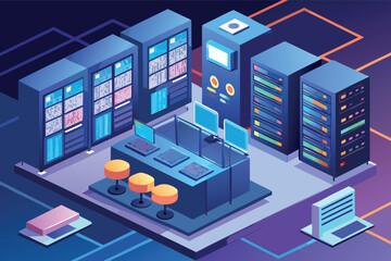 Poster - Modern data center design showcasing server racks and workstations with vibrant colors and digital displays