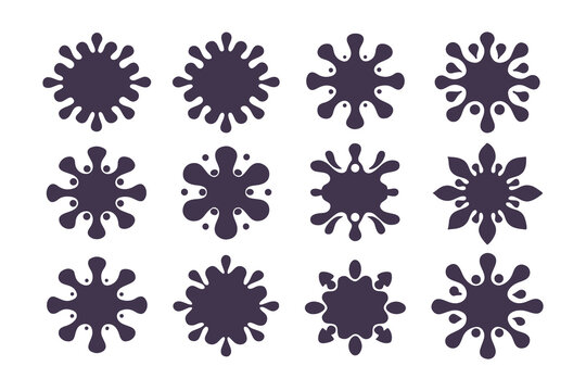 Collection of abstract black ink splatter shapes on white background, perfect for graphic design, labels, and decorative elements.