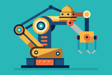 Poster - Colorful robotic arm with gripper ready for industrial tasks in a modern workspace setting