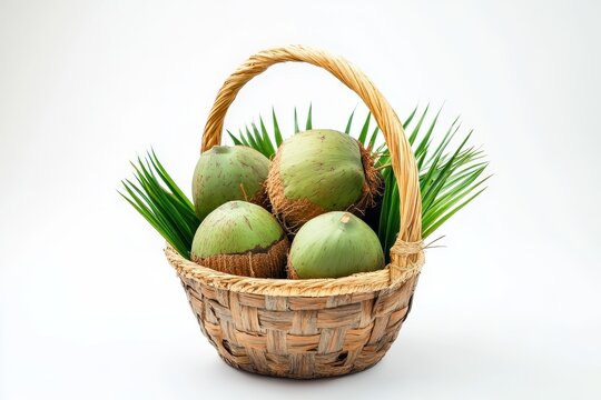 Coconut tree with fruits in basket isoleted on white background