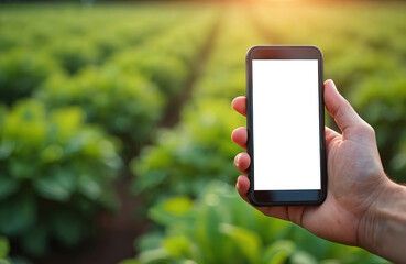 man holds smartphone with blank white screen in organic vegetable farm field. use for app info, adve