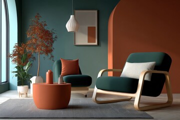 Poster - Modern stylish living room interior with cozy armchair and sofa, decorative plants and artwork in contemporary home design