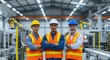 © Meow Creations - Three diverse male engineers and technicians in safety vests standing confidently in a modern industrial factory