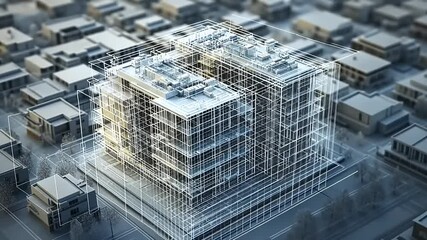 Aerial view of a modern architectural building under construction with a cityscape background