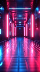 Poster - Futuristic corridor, neon lights, dark interior,  background,  industrial