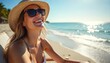 © Pete - Young woman laughs in straw hat and sunglasses on beach chair near ocean. Blue sky, horizon over water, vacation vibe. Happy female tourist enjoys summer holiday, feeling carefree.