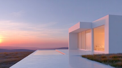 Poster - Modern Minimalist House with Infinity Pool at Sunset Over Hills