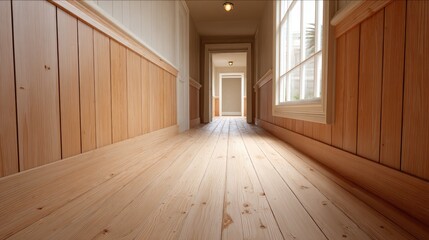 Poster - Bright and Inviting Wooden Hallway with Natural Light and Decor