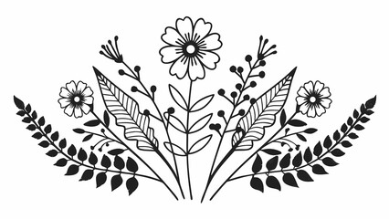 Aufkleber - Black and white floral arrangement with three flowers and various leaves in a symmetrical design created with generated ai
