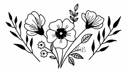 Poster - Graphic floral arrangement with flowers leaves and branches in black and white outline style created with generated ai
