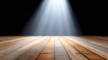 Poster - Bright Light Beam Over Empty Rustic Wooden Floor Space