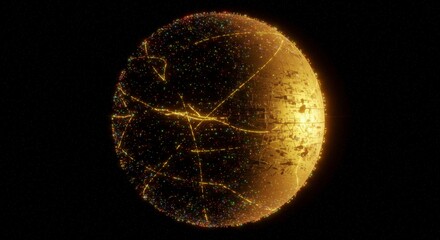 A golden sphere with intricate web-like cracks and scattered colored dots against a black background