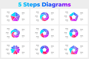 Fototapete - Set of cycle five step diagrams, ideal for business plans, process workflow, or educational purposes. Provides eye-catching visuals and text placeholders for professional presentations or outlines