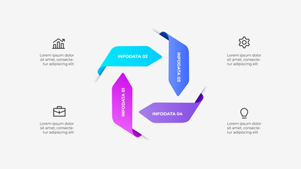 Fototapete - Cycle infographic diagram with 4 arrows connected to business icons. Represents data visualization, business planning, and workflow concepts effectively