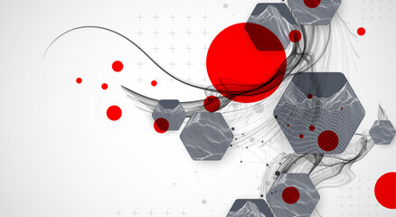 Poster - Scientific and technological background. Wave with wireframe  hexagons of different types on a gray gradient.