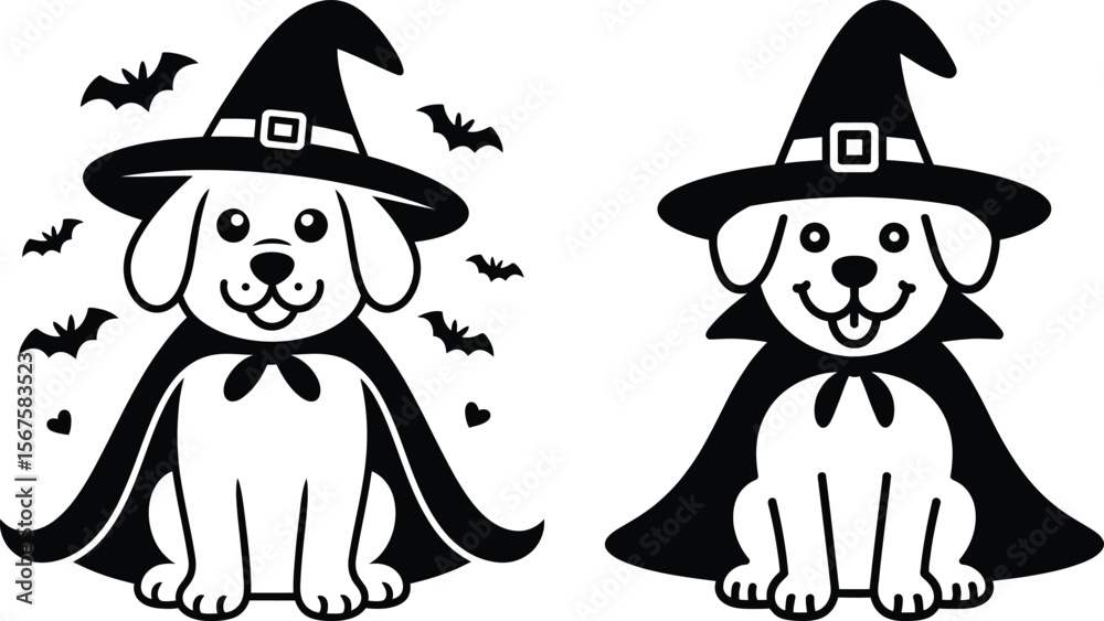 Halloween dog with witch hat and cape silhouette vector in cartoon ...