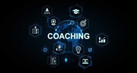 Poster - Digital coaching concept with glowing icons of education, skills, growth, and mentorship surrounding a central globe on dark futuristic background. 3D Rendering