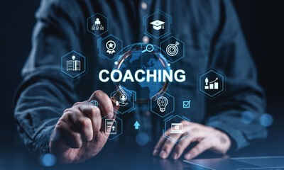 Poster - Coaching concept with digital icons representing training, development, education, and business growth on futuristic interface background..