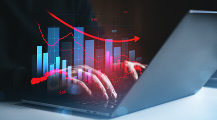 Poster - Business analytics and financial data analysis concept with digital bar charts and red arrow over hands typing on laptop in dark environment.