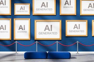Poster - Gallery interior with AI-generated art concept displayed in golden frames on blue wall, red ropes and bench in foreground, modern museum setting. 3D Rendering