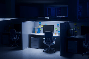 Poster - Office cubicle interior with computer and sticky notes illuminated at night in a dark workspace environment. 3D Rendering