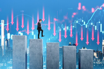 Poster - Businessman stepping up on concrete columns with falling stock m