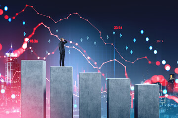 Poster - Businessman on concrete columns looking at declining stock chart