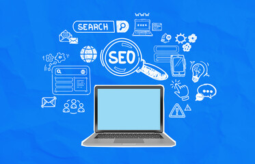 Poster - SEO concept with laptop and digital marketing icons on blue background emphasizing search optimization tools and communication elements.