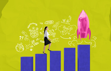 Poster - Businesswoman climbing blue bar chart steps toward pink rocket w