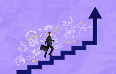 Poster - Businessman climbing staircase with creative concept doodles on